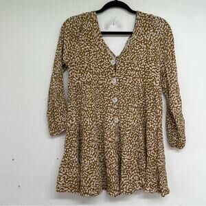 Endless Blu Tan Ditsy Floral Button Down Front Boho Blouse S Ties In Back